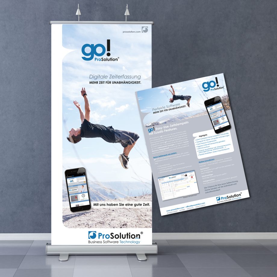 Let’s go! Bewerbung der mobilen Zeiterfassung. Die Produktlogo-Gestaltung sowie das Design für Roll-Up, Infoflyer sind aus einem Guss.